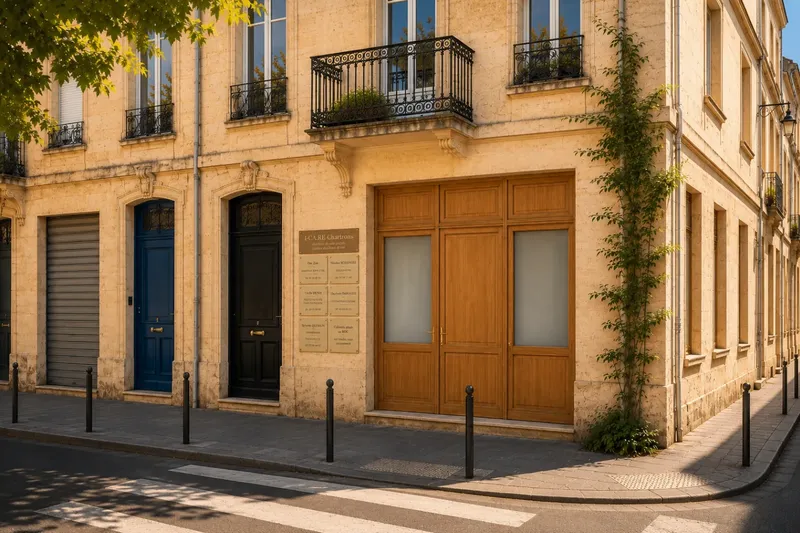 Façade en pierre blonde d'un immeuble bordelais des Chartrons, porte en bois et plaque du cabinet I-CA.RE