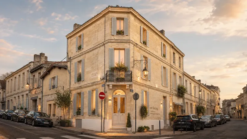 Immeuble d'angle en pierre aux volets clairs, éclairé au crépuscule, maison partagée co-liv.ing à Lormont